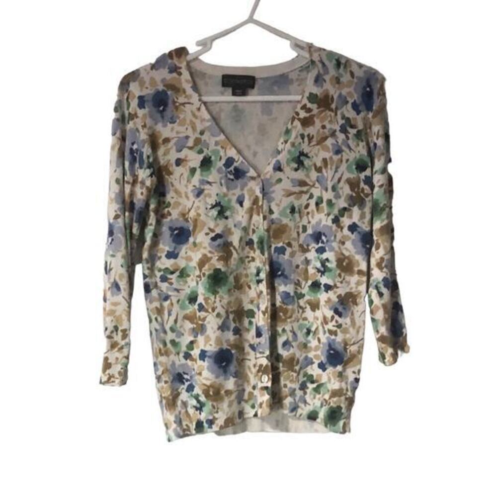 Covington Womens Button Front 3/4 Sleeve Floral Print Ivory Boho Cardigan PM